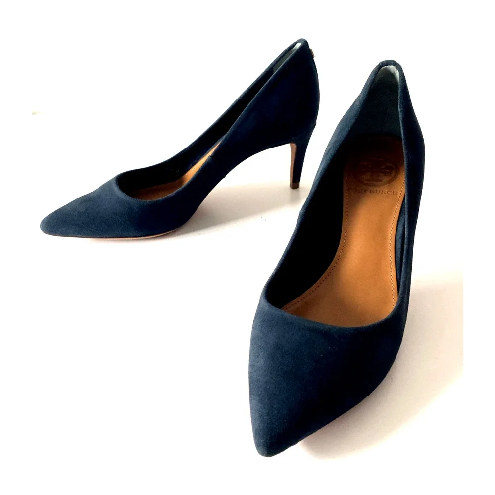 Tory Burch Ivy Low Heel Suede Pump Navy Point Toe Logo Heel Slip On 6 M
